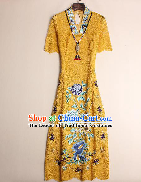 Asian Chinese Oriental Costumes Classical Embroidery Yellow Lace Cheongsam, Traditional China National Chirpaur Tang Suit Qipao for Women