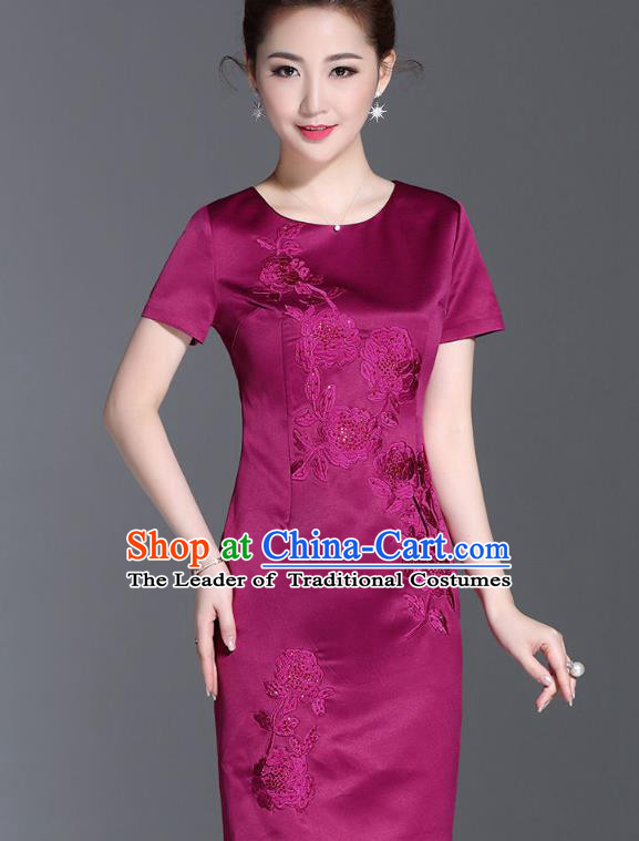 Asian Chinese Oriental Costumes Classical Embroidery Purple Silk Dresses, Traditional China National Chirpaur Tang Suit Qipao for Women