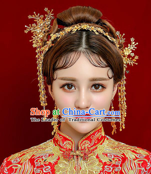 Aisan Chinese Handmade Classical Hair Accessories Golden Phoenix Coronet Complete Set, China Xiuhe Suit Tassel Hairpins Wedding Headwear for Women