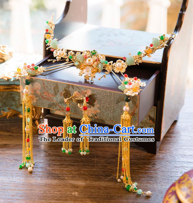 Aisan Chinese Handmade Classical Hair Accessories Golden Step Shake Coronet Complete Set, China Xiuhe Suit Tassel Hairpins Wedding Headwear for Women