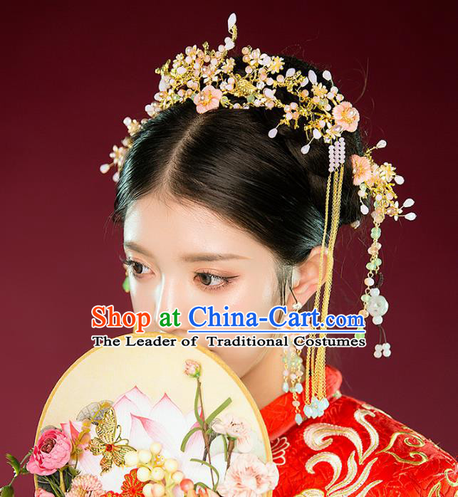 Aisan Chinese Handmade Classical Hair Accessories Complete Set, China Xiuhe Suit Hairpins Pink Flowers Wedding Headwear for Women