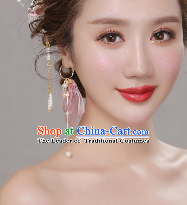 Top Grade Handmade Classical Hair Accessories Pink Silk Earrings, Chinese Princess Tassel Eardrop for Women