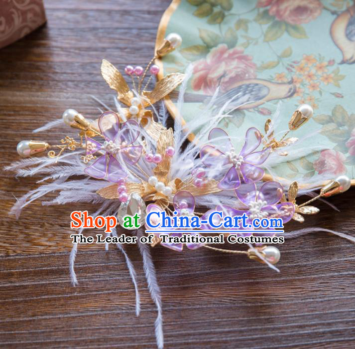 Top Grade Handmade Classical Hair Accessories Baroque Style Princess Purple Flowers Feather Hair Stick Headwear for Women
