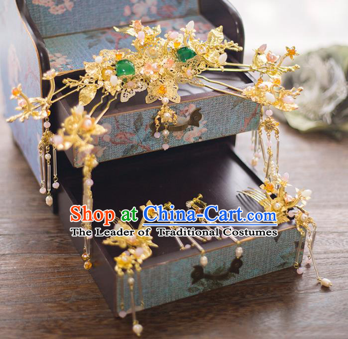 Aisan Chinese Handmade Classical Hair Accessories Jade Phoenix Coronet Complete Set, China Xiuhe Suit Hairpins Wedding Headwear for Women