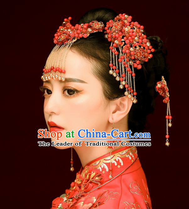 Aisan Chinese Handmade Classical Hair Accessories Red Beads Phoenix Coronet Complete Set, China Xiuhe Suit Hairpins Wedding Headwear for Women