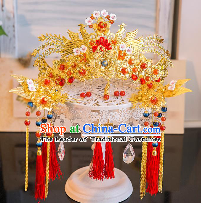 Aisan Chinese Handmade Classical Hair Accessories Hanfu Red Tassel Phoenix Coronet, China Xiuhe Suit Hairpins Wedding Headwear for Women