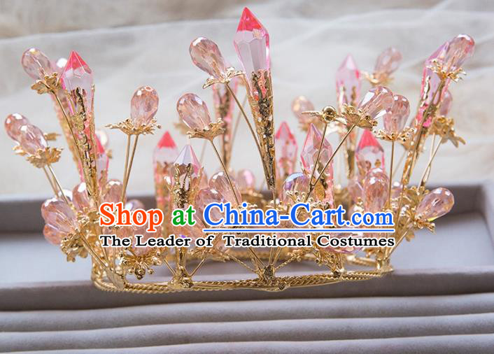 Top Grade Handmade Classical Hair Jewelry Accessories Royal Crown, Baroque Style Princess Pink Crystal Headwear for Women