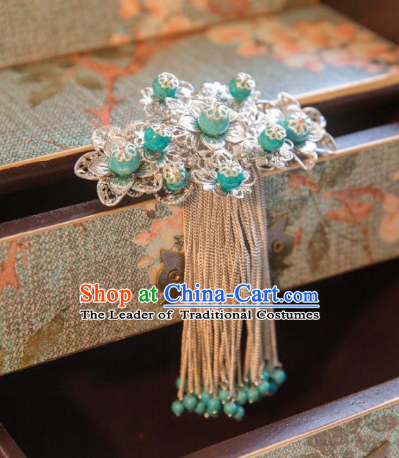 Chinese Handmade Classical Hair Accessories Green Tassel Back Hair Comb, China Xiuhe Suit Hairpins Wedding Headwear for Women