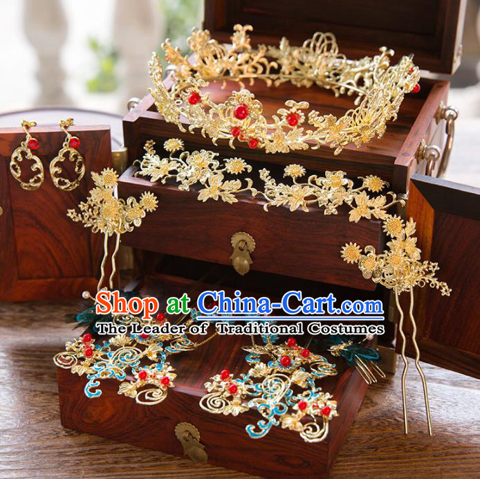 Aisan Chinese Handmade Classical Hair Accessories Hanfu Cloisonne Step Shake Complete Set, China Xiuhe Suit Hairpins Royal Crown Wedding Headwear for Women