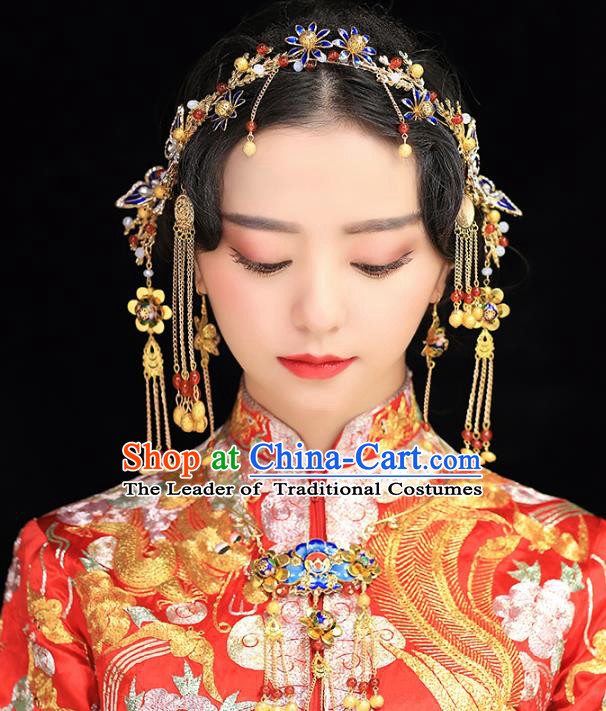 Aisan Chinese Handmade Classical Hair Accessories Hanfu Cloisonne Butterfly Hair Clasp Complete Set, China Xiuhe Suit Hairpins Wedding Headwear for Women