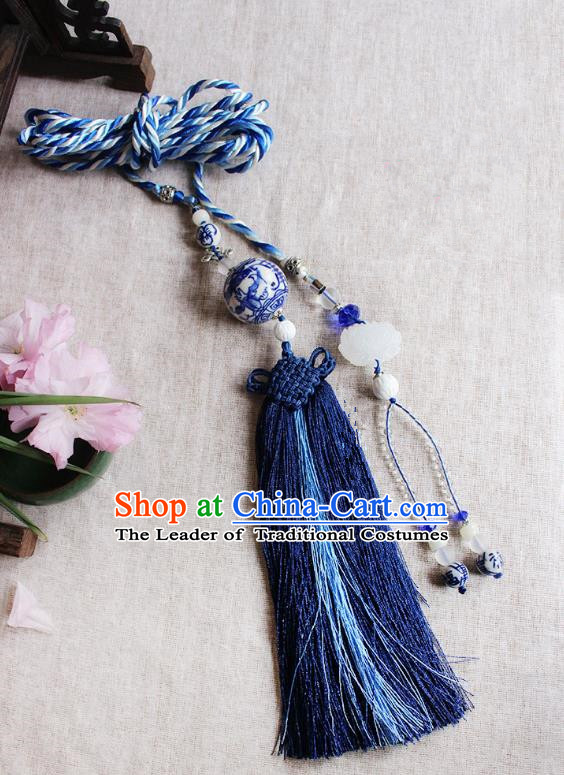 Chinese Handmade Classical Accessories Blue and White Porcelain Tassel Palace Taeniasis, China Hanfu Waist Pendant Headwear for Women for Men