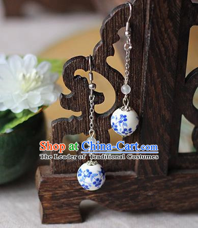 Chinese Handmade Classical Accessories Hanfu Blue and White Porcelain Tassel Earrings, China Xiuhe Suit Wedding Eardrop for Women