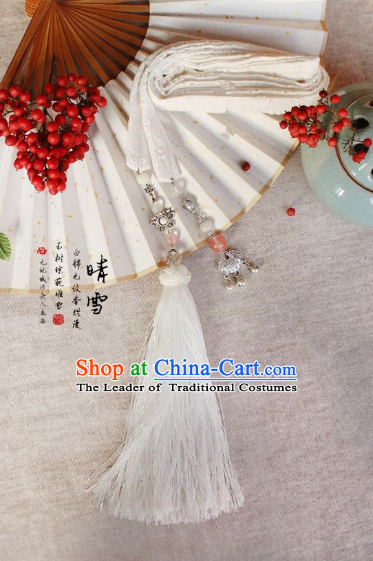 Chinese Handmade Classical Accessories Hanfu White Silk Belt, China Ancient Hanfu Bells Tassel Waistband for Women for Men