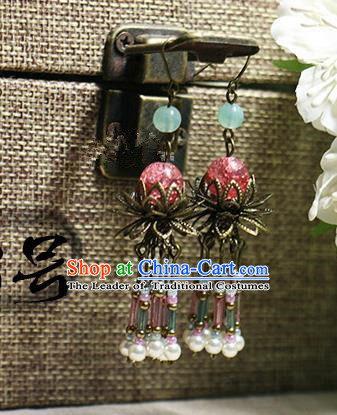 Chinese Handmade Classical Accessories Hanfu Pink Beads Earrings, China Xiuhe Suit Tassel Eardrop for Women