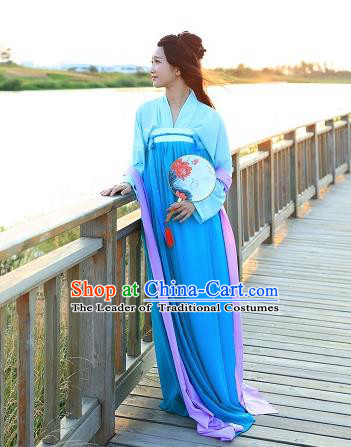 Traditional Chinese Hanfu Costumes Ancient Tang Dynasty Imperial Consort Blouse and Blue Slip Skirts Complete Set for Women