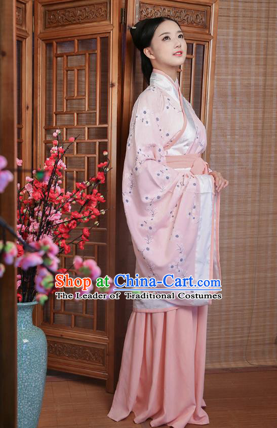 Traditional Ancient China Costume Palace Lady Pink Curve Bottom, Chinese Hanfu Han Dynasty Princess Embroidered Clothing for Women