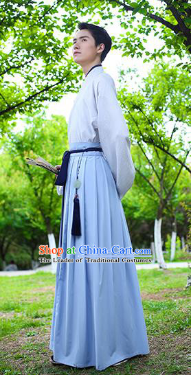 Traditional Chinese Hanfu Costumes Ancient Han Dynasty Young Men Embroidery Shirts and Blue Skirts Complete Set