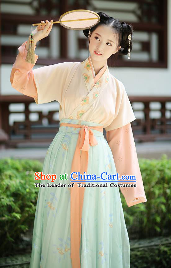Ancient Chinese Palace Princess Hanfu Costume, Traditional China Song Dynasty Palace Lady Embroidery Clothing Yellow Half-Sleeves Blouse and Skirts