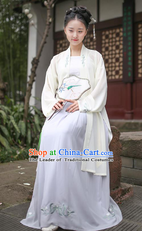 Ancient Chinese Royal Princess Hanfu Costume, Traditional China Song Dynasty Palace Lady Embroidery Beige BeiZi and Dress for Women