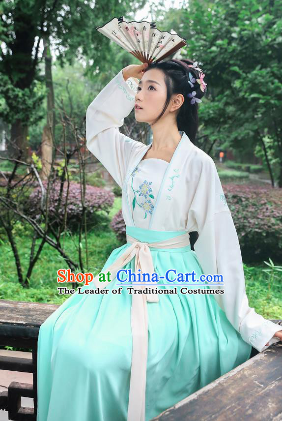 Traditional Chinese Ancient Young Lady Hanfu Costumes, Asian China Song Dynasty Palace Princess Embroidery White Blouse and Skirt for Women