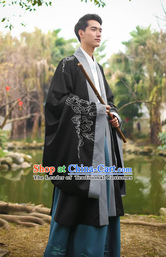 Traditional Chinese Ancient Hanfu Swordsman Costumes, Asian China Jin Dynasty Embroidery Black Cloak for Men