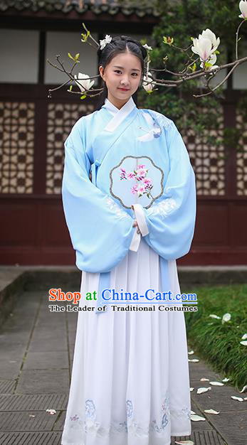 Traditional Chinese Ancient Princess Hanfu Costumes, Asian China Ming Dynasty Palace Lady Embroidery Blue Blouse and Skirts for Women