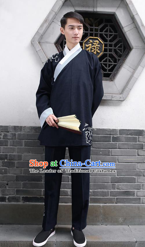 Traditional Chinese Ancient Hanfu Costumes, Asian China Embroidery Black Blouse and Pants for Men
