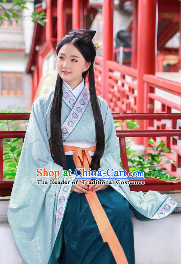 Traditional Chinese Ancient Hanfu Young Lady Costumes, Asian China Han Dynasty Princess Embroidery Green Dress Clothing for Women