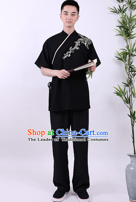 Traditional Chinese Ancient Hanfu Costumes, Asian China Han Dynasty Embroidered Black Shirt for Men