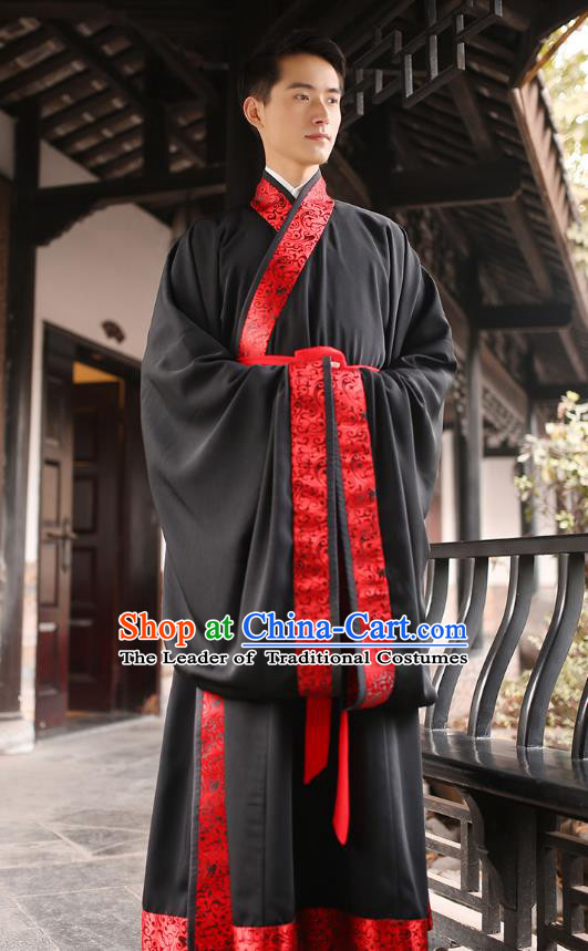 Traditional Chinese Ancient Minister Hanfu Wedding Costumes, Asian China Han Dynasty Groom Embroidered Black Clothing for Men