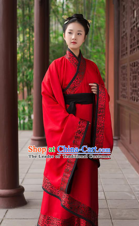 Traditional Chinese Ancient Royal Princess Hanfu Wedding Costume, Asian China Han Dynasty Palace Lady Embroidered Red Curve Bottom Dress