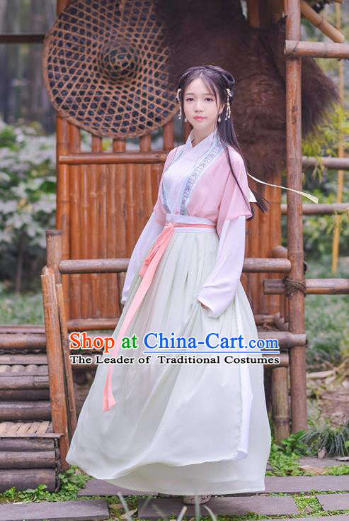 Traditional Chinese Ancient Hanfu Princess Costume, Asian China Song Dynasty Palace Lady Embroidered Pink Blouse and Slip Skirt for Women