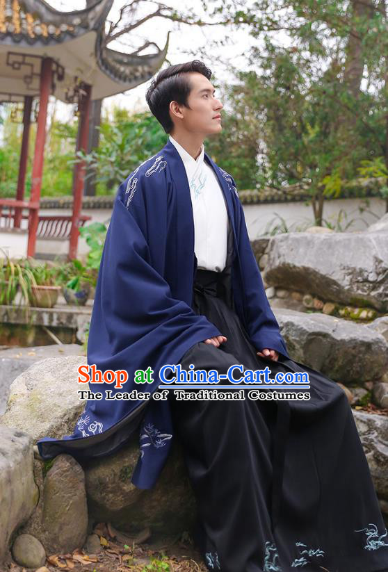 Traditional Chinese Ancient Hanfu Swordsman Costume, Asian China Han Dynasty Imperial Bodyguard Embroidered Royalblue Cloak for Men