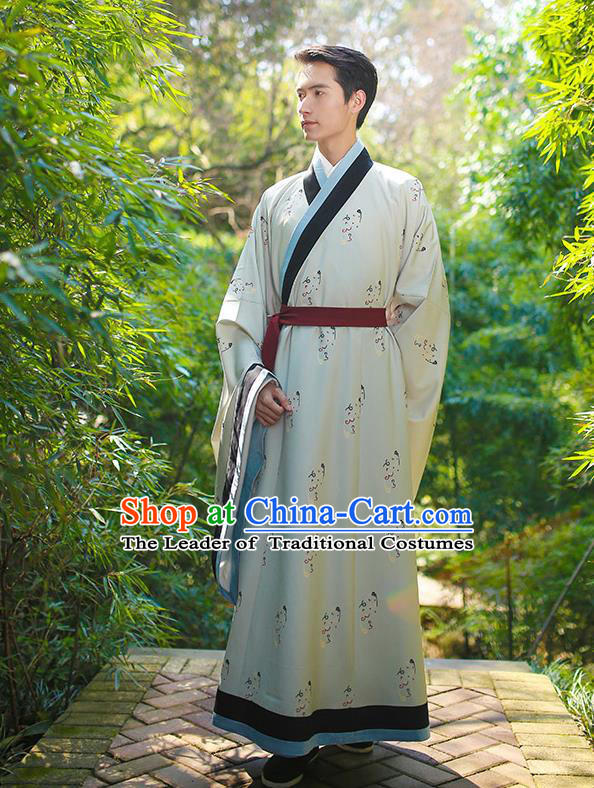 Traditional Chinese Ancient Hanfu Swordsman Costume, Asian China Han Dynasty Imperial Bodyguard Embroidered White Long Robe for Men
