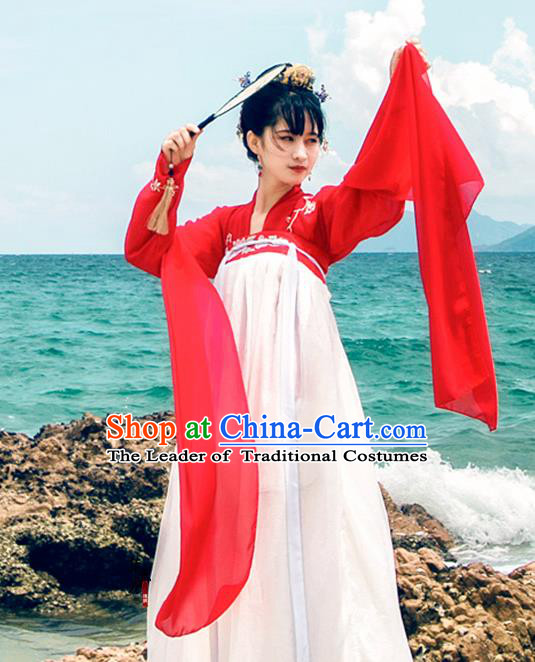 Traditional Chinese Ancient Palace Lady Costume, Asian China Tang Dynasty Princess Embroidered Red Blouse Dress Clothing for Women