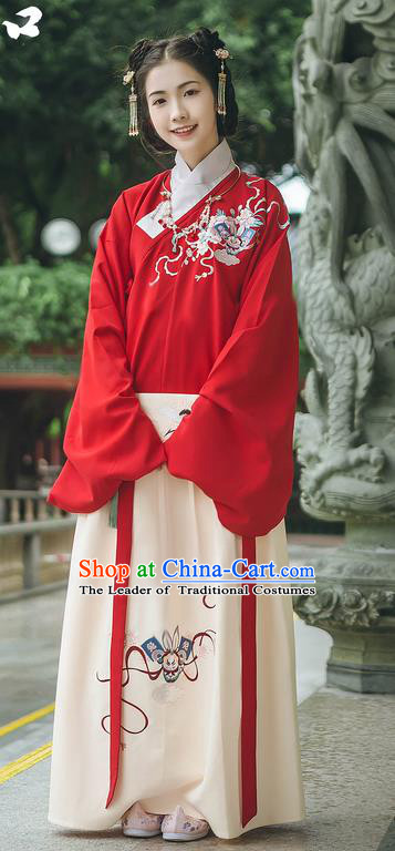 Traditional Chinese Ancient Hanfu Princess Costume, Asian China Ming Dynasty Young Lady Embroidered Clothing Complete Set for Women