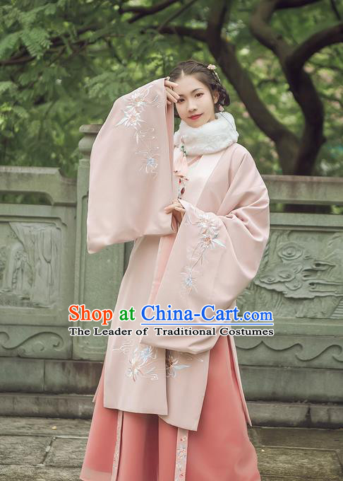 Traditional Chinese Ancient Hanfu Princess Costume Pink Cloak, Asian China Ming Dynasty Palace Lady Embroidered Cardigan Clothing for Women