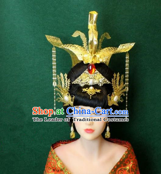Traditional Handmade Chinese Hair Accessories Empress Wedding Tassel Phoenix Coronet Complete Set, Han Dynasty Princess Hairpins Headwear for Women