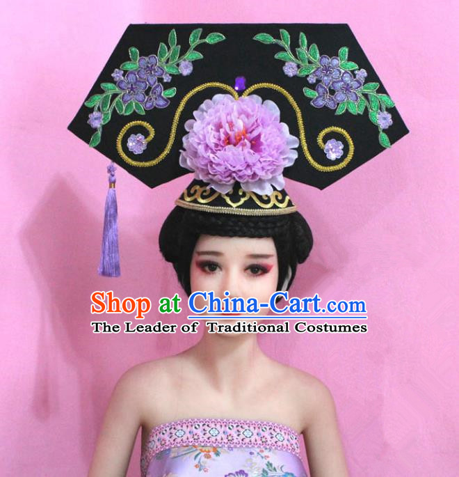 Traditional Handmade Chinese Hair Accessories Qing Dynasty Empress Banners Purple Peony Headwear, Manchu Imperial Concubine Hairpins for Women