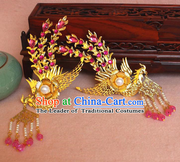 Traditional Handmade Chinese Hair Accessories Princess Golden Phoenix Hairpins, Ming Dynasty Palace Lady Pink Tassel Step Shake Frontlet for Women