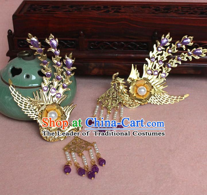 Traditional Handmade Chinese Hair Accessories Princess Golden Phoenix Hairpins, Ming Dynasty Palace Lady Purple Tassel Step Shake Frontlet for Women