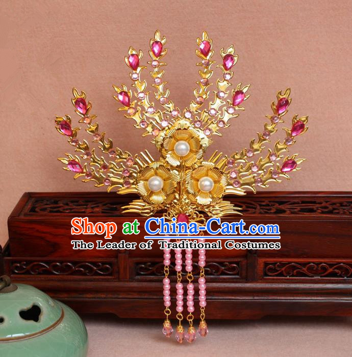 Traditional Handmade Chinese Hair Accessories Princess Golden Phoenix Frontlet Hairpins, Ming Dynasty Palace Lady Pink Tassel Step Shake for Women