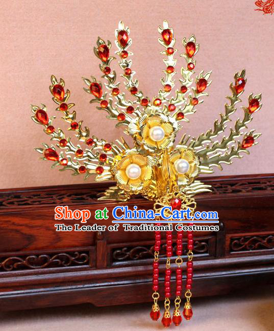 Traditional Handmade Chinese Hair Accessories Princess Golden Phoenix Frontlet Hairpins, Ming Dynasty Palace Lady Red Tassel Step Shake for Women