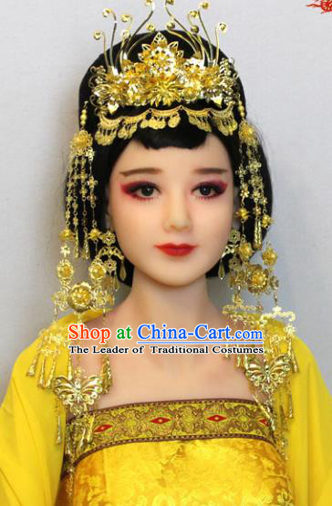Traditional Handmade Chinese Hair Accessories Tang Dynasty Princess Golden Phoenix Coronet Complete Set, China Palace Lady Hairpins Tassel Step Shake for Women