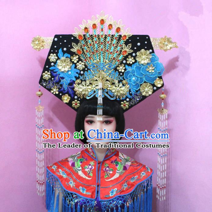 Traditional Handmade Chinese Hair Accessories Qing Dynasty Empress Great Wing Banners Phoenix Headwear, Manchu Imperial Concubine Hairpins for Women