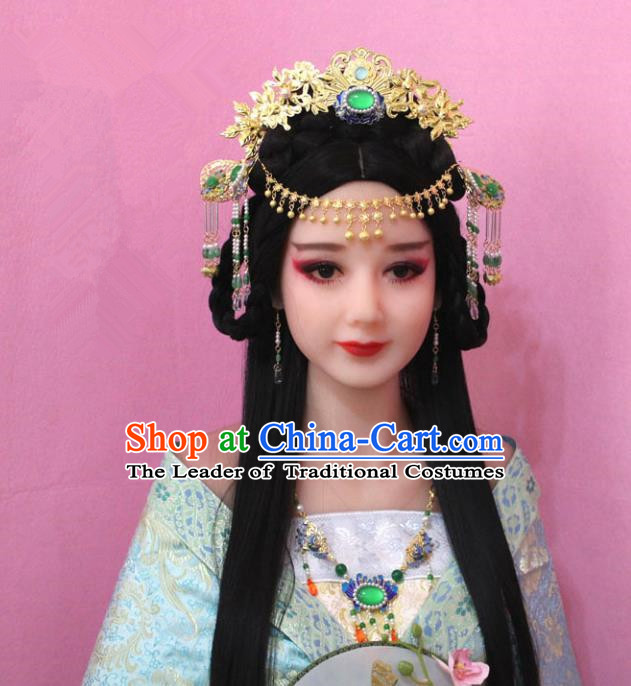 Traditional Handmade Chinese Hair Accessories Princess Phoenix Coronet, China Tang Dynasty Tassel Forehead Ornament Hairpins Complete Set for Women