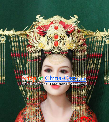 Traditional Handmade Chinese Hair Accessories Empress Wedding Phoenix Coronet, China Han Dynasty Bride Tassel Hairpins for Women