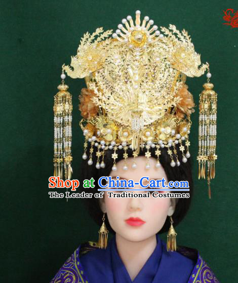 Traditional Handmade Chinese Hair Accessories Hanfu Empress Wedding Phoenix Coronet, Han Dynasty Princess Tassel Hairpins Headwear for Women