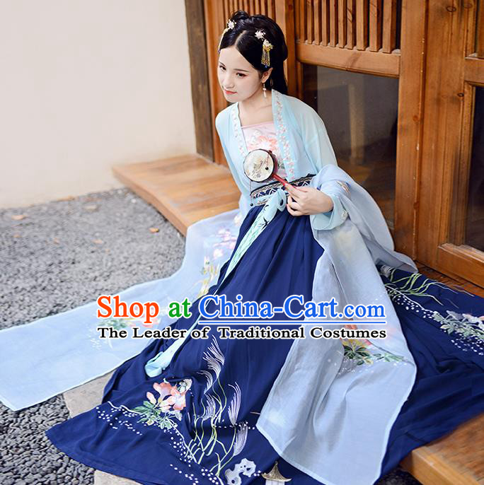 Asian China Ancient Tang Dynasty Hanfu Costume, Traditional Chinese Princess Embroidered Blue Blouse and Skirts for Women