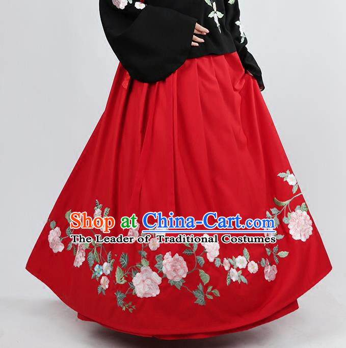 Asian Chinese Ming Dynasty Princess Costume Embroidery Red Skirts, Ancient China Palace Lady Embroidered Dress for Women